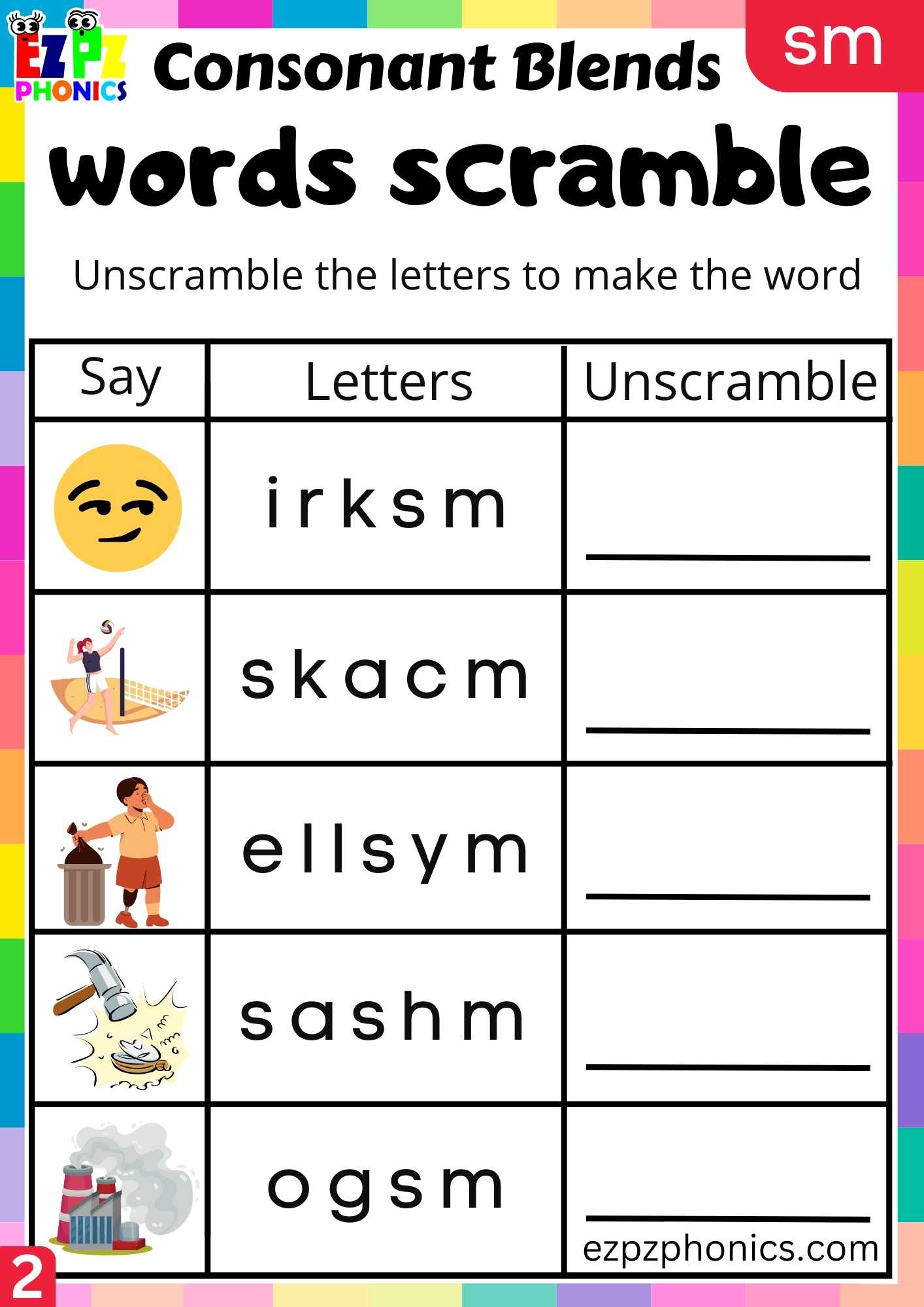 Group2 SM Words Words Scramble Phonics Consonant Blends Worksheet